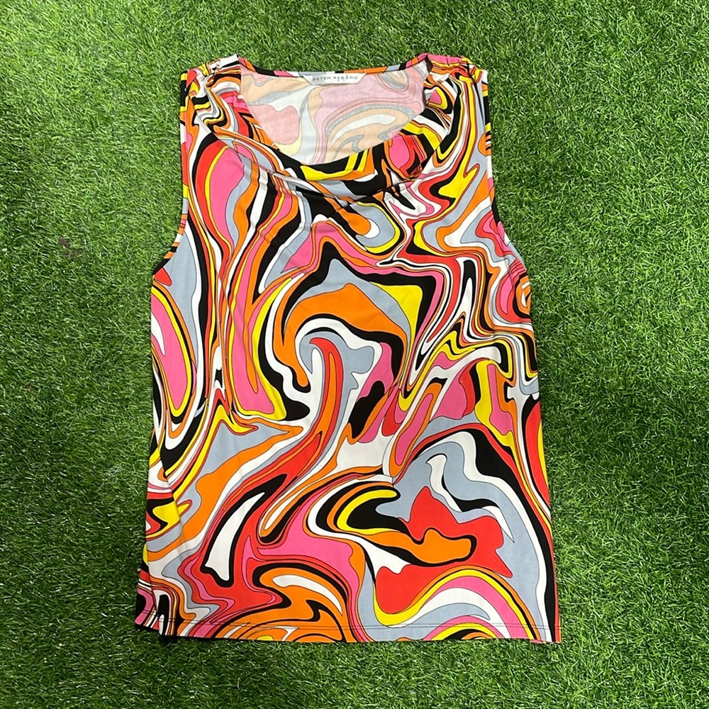 Multicolor psychedelic sleeveless blouse with cowl neck.